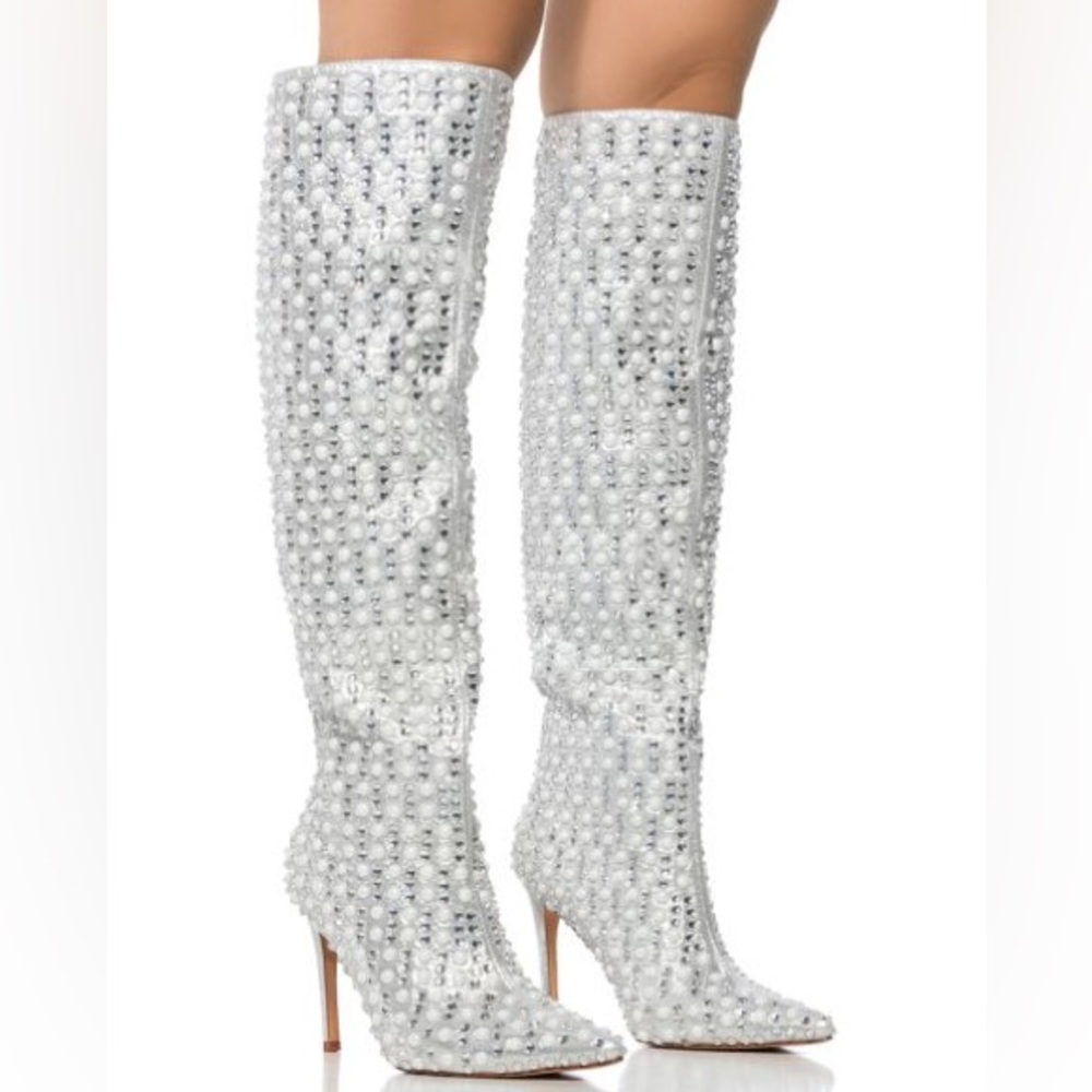 Azalea Wang Silver Pearl Rhinestone Embellished Knee High Boots - Picture 6 of 7
